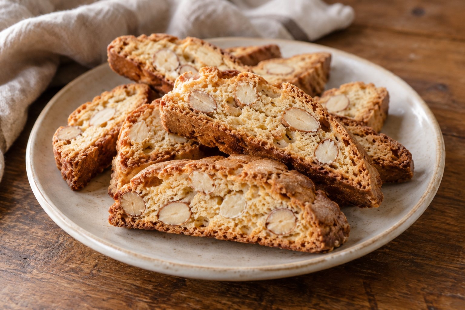 Golden almond cantucci with visible almond pieces on a ceramic plate