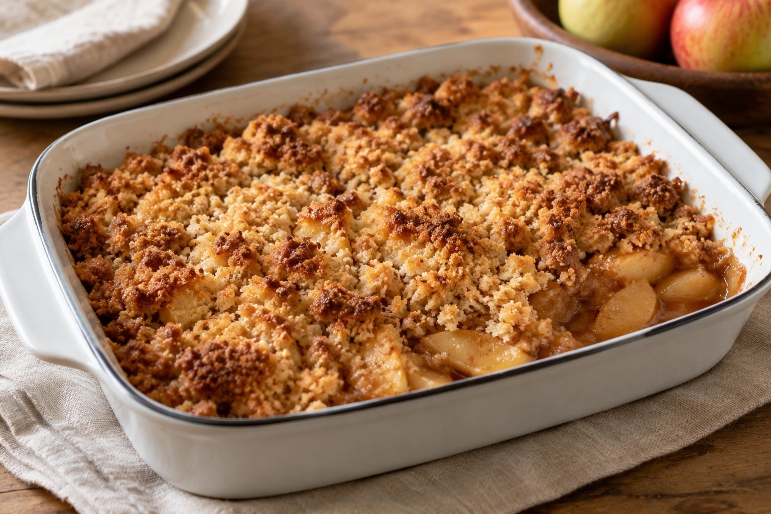 Baked apple brown Betty in a shallow enamel dish