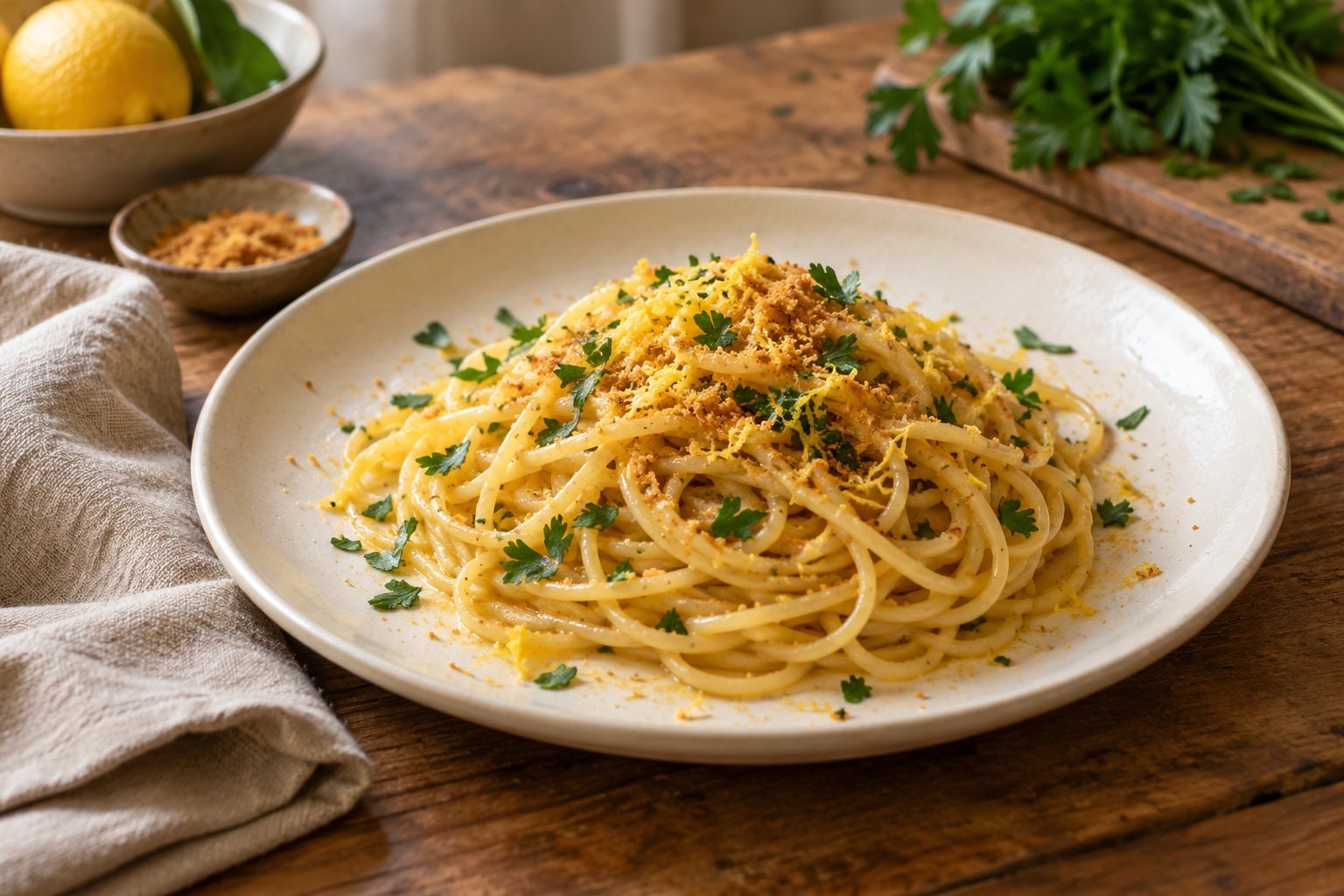 Spaghetti with grated bottarga, lemon zest and parsley on a ceramic plate