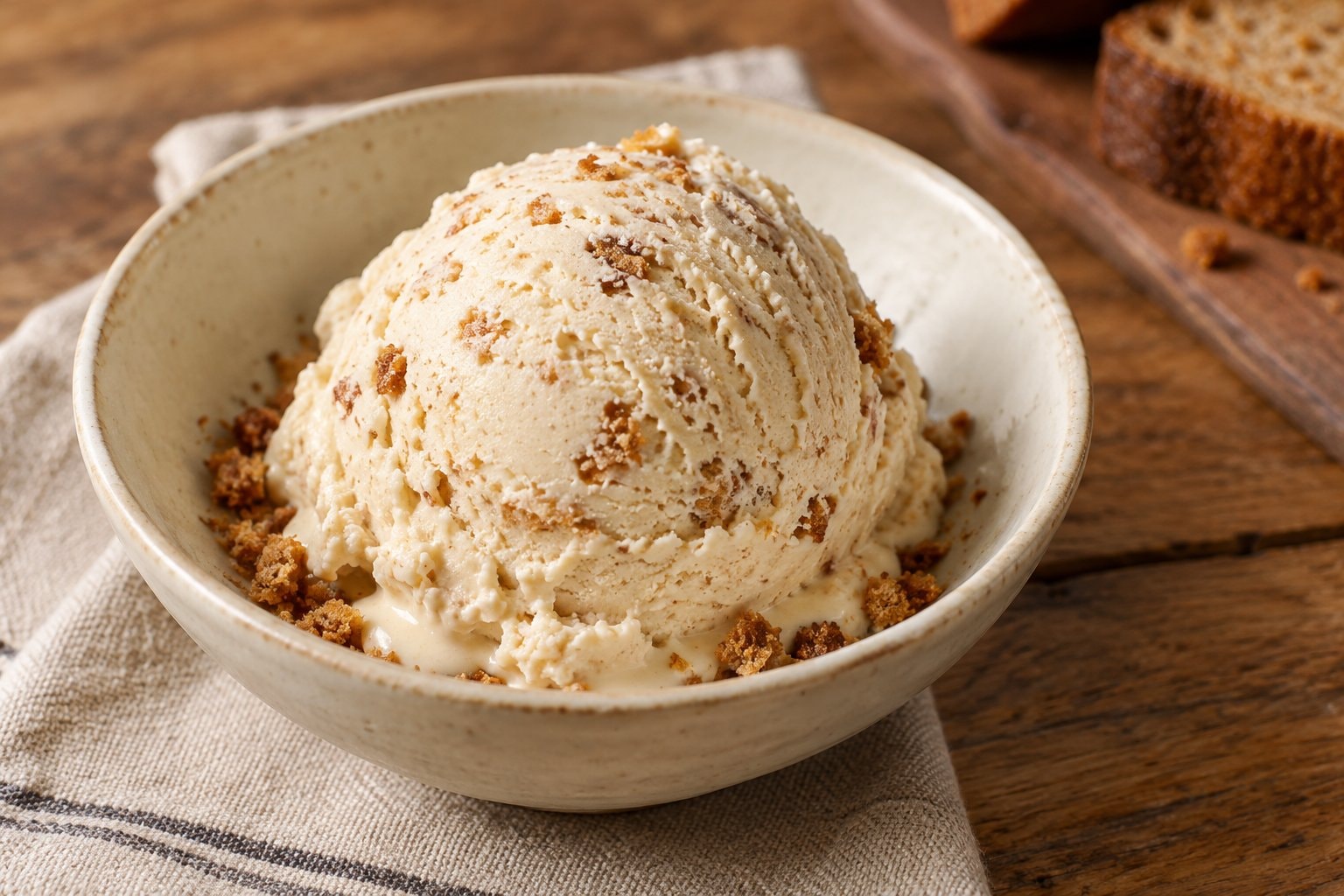 A scoop of pale brown-bread ice cream with toasted crumbs in a ceramic bowl