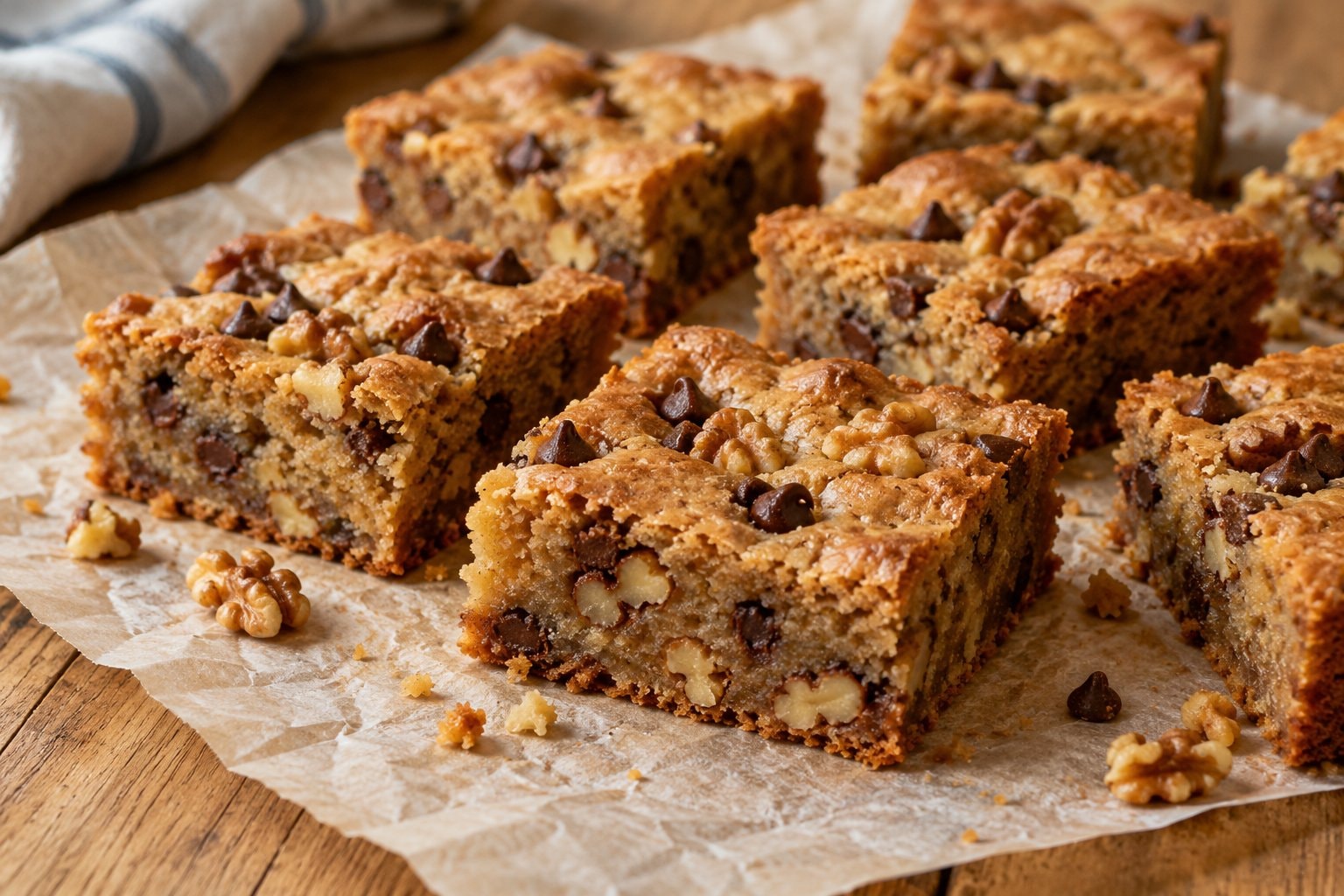 Blondie squares with walnut pieces and chocolate chips on parchment