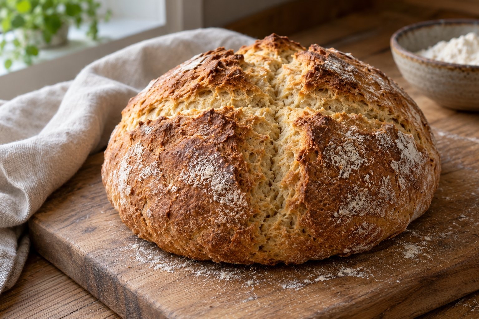 Round brown soda bread with a deep cross on a floured wooden board