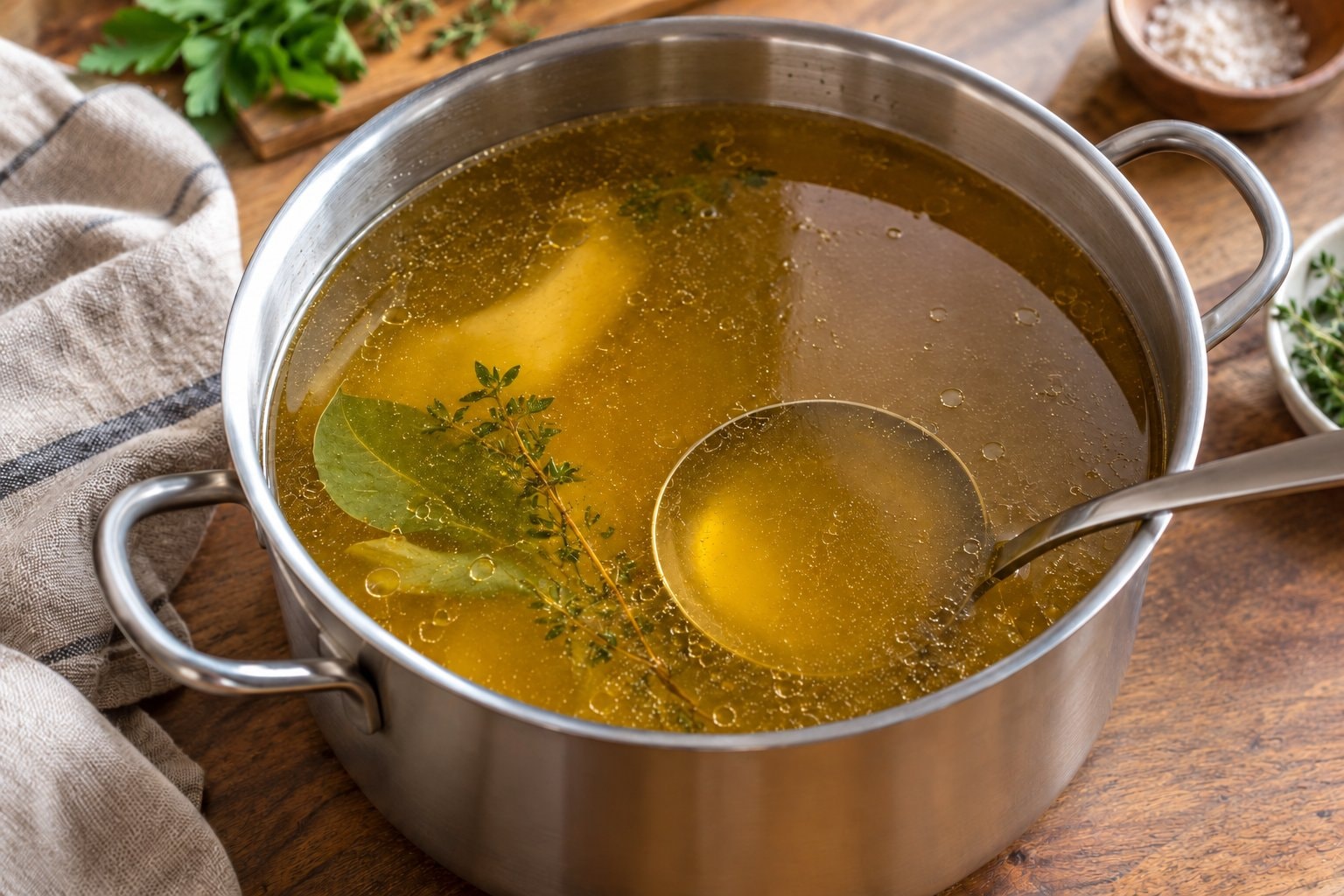 Golden chicken stock in a pot with herbs and a ladle