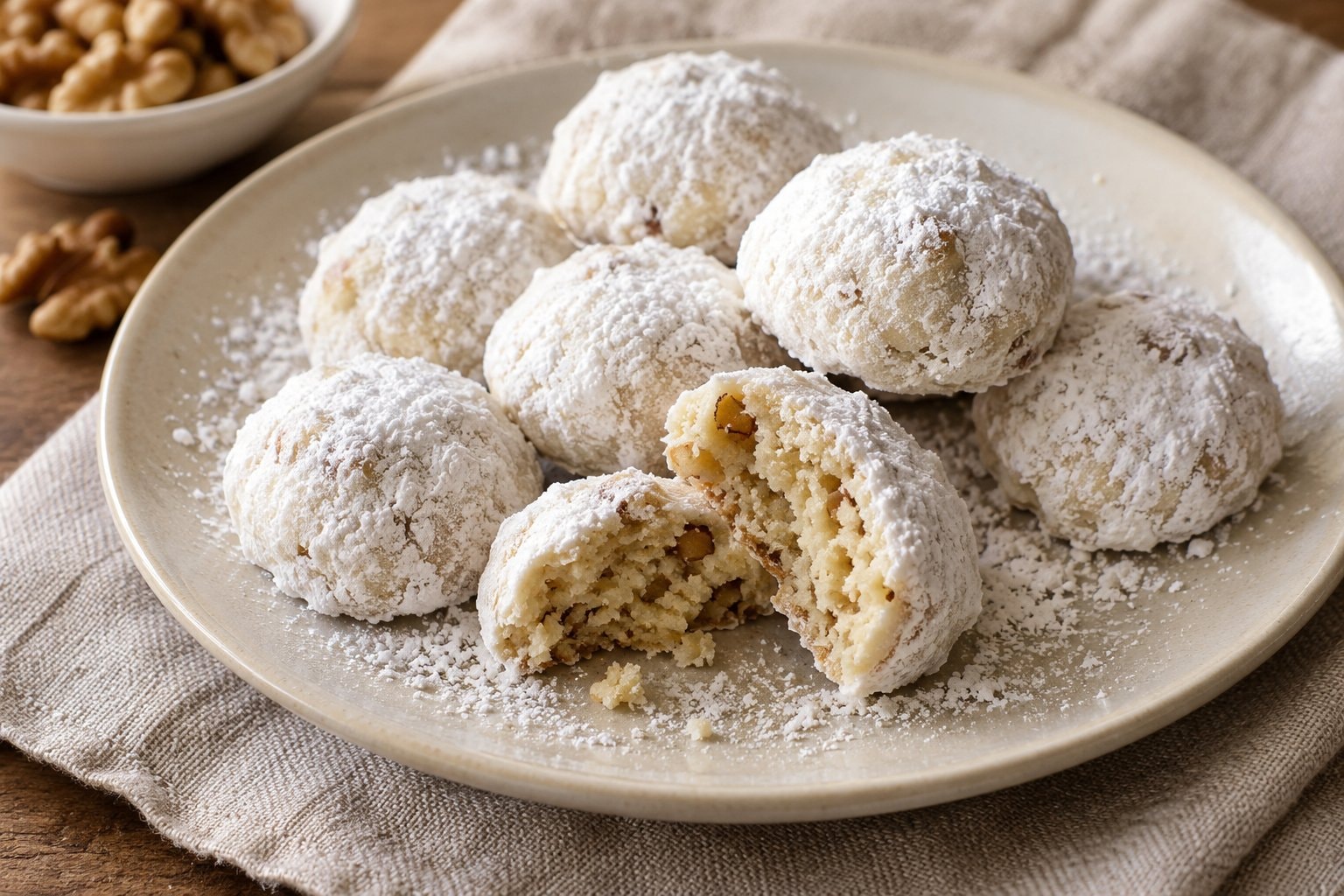 Round walnut cookies coated in powdered sugar on a ceramic plate