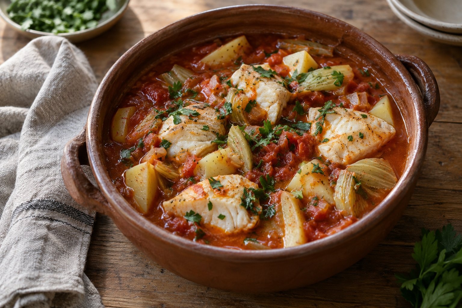 White fish and vegetables in a tomato soup in an earthenware pot