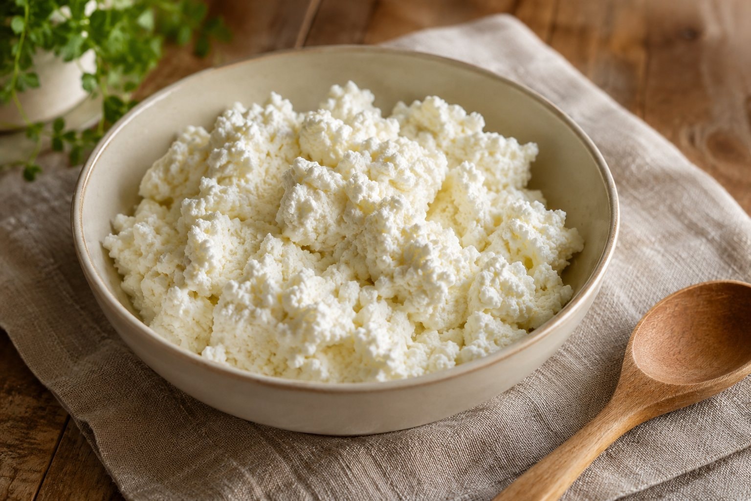 Fresh white ricotta in a shallow ceramic bowl