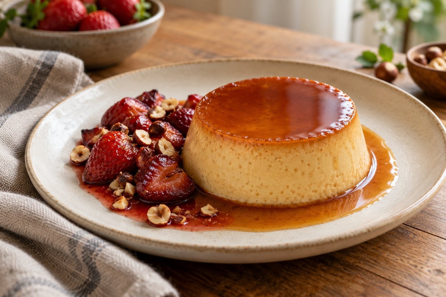 An unmolded caramel flan with roasted strawberries on a ceramic plate