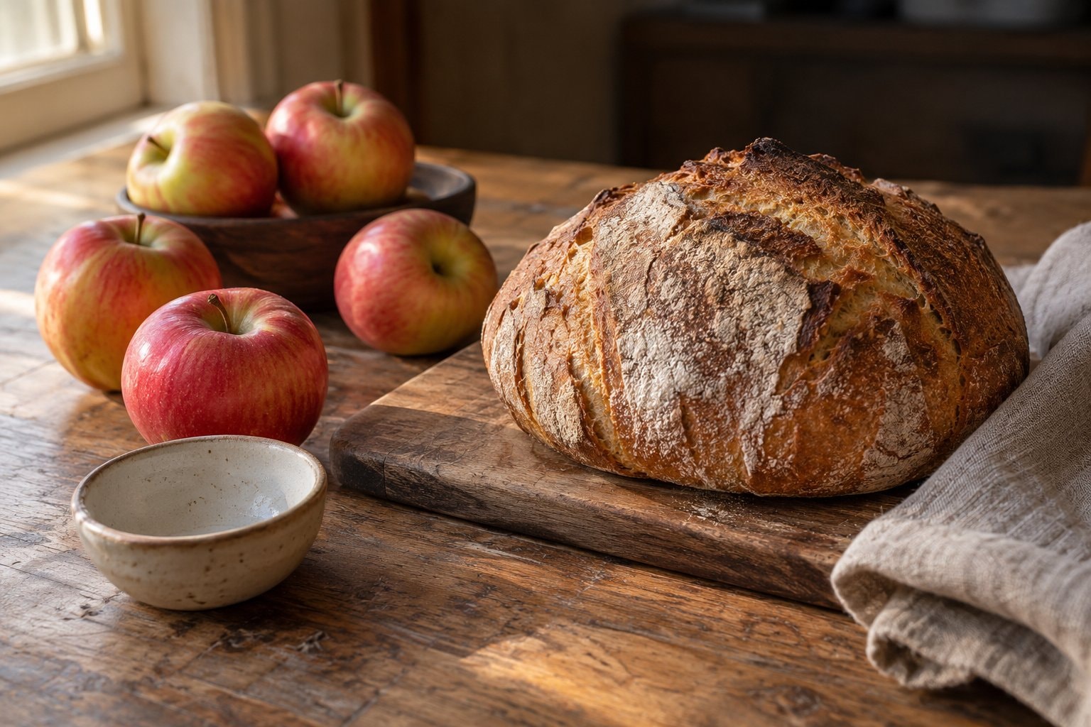 A rustic loaf and red and gold apples on a wooden kitchen table