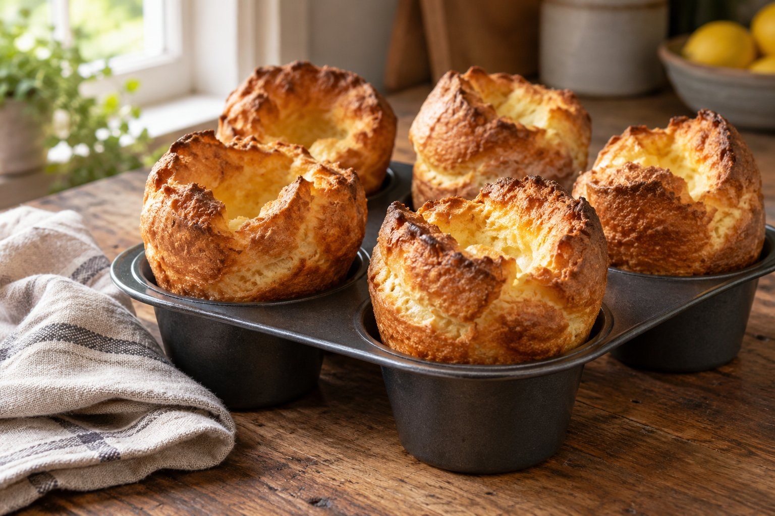 Tall golden popovers rising above a dark metal baking tin