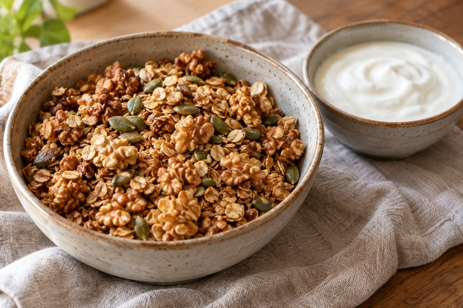 Golden granola with walnuts and pumpkin seeds in a bowl beside plain yogurt