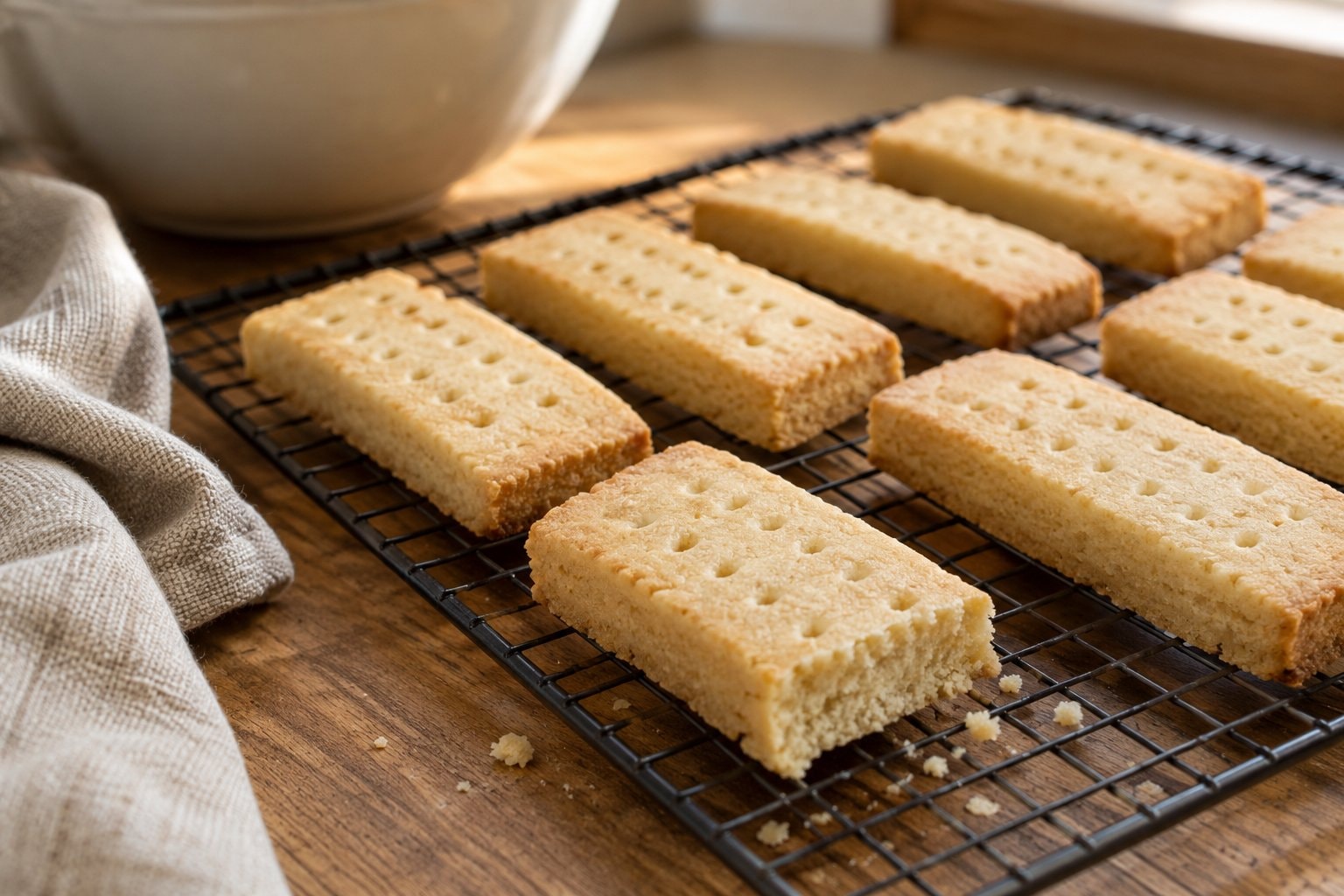 Shortbread fingers cooling on a wire rack