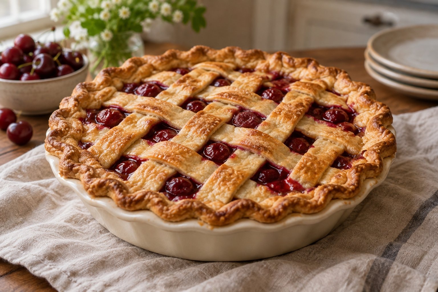 Sour cherry lattice pie cooling in a ceramic pie dish