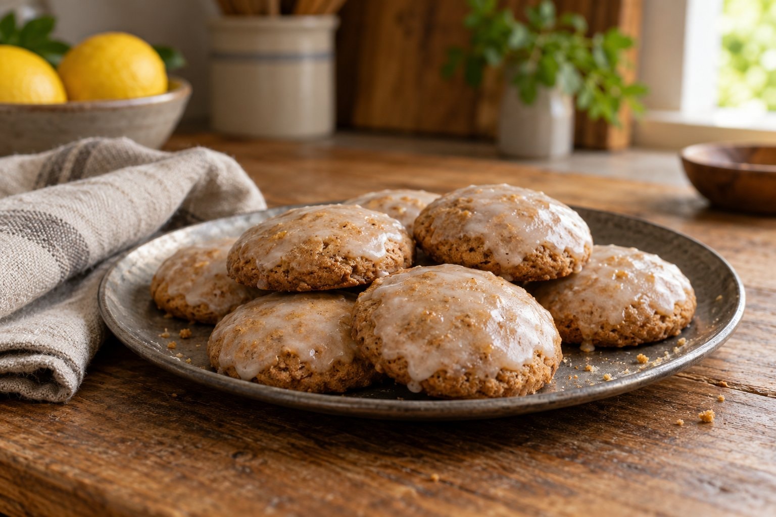 Round spiced honey cookies with a thin glaze on a plain tin plate