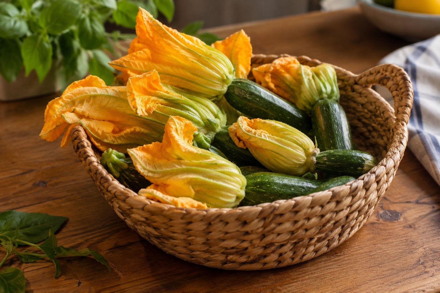 Yellow squash blossoms and small green zucchini in a woven basket