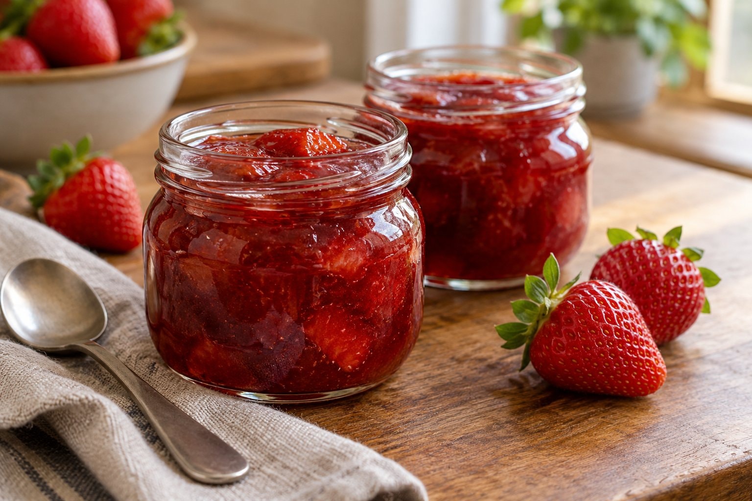 Red strawberry jam in plain glass jars beside fresh strawberries