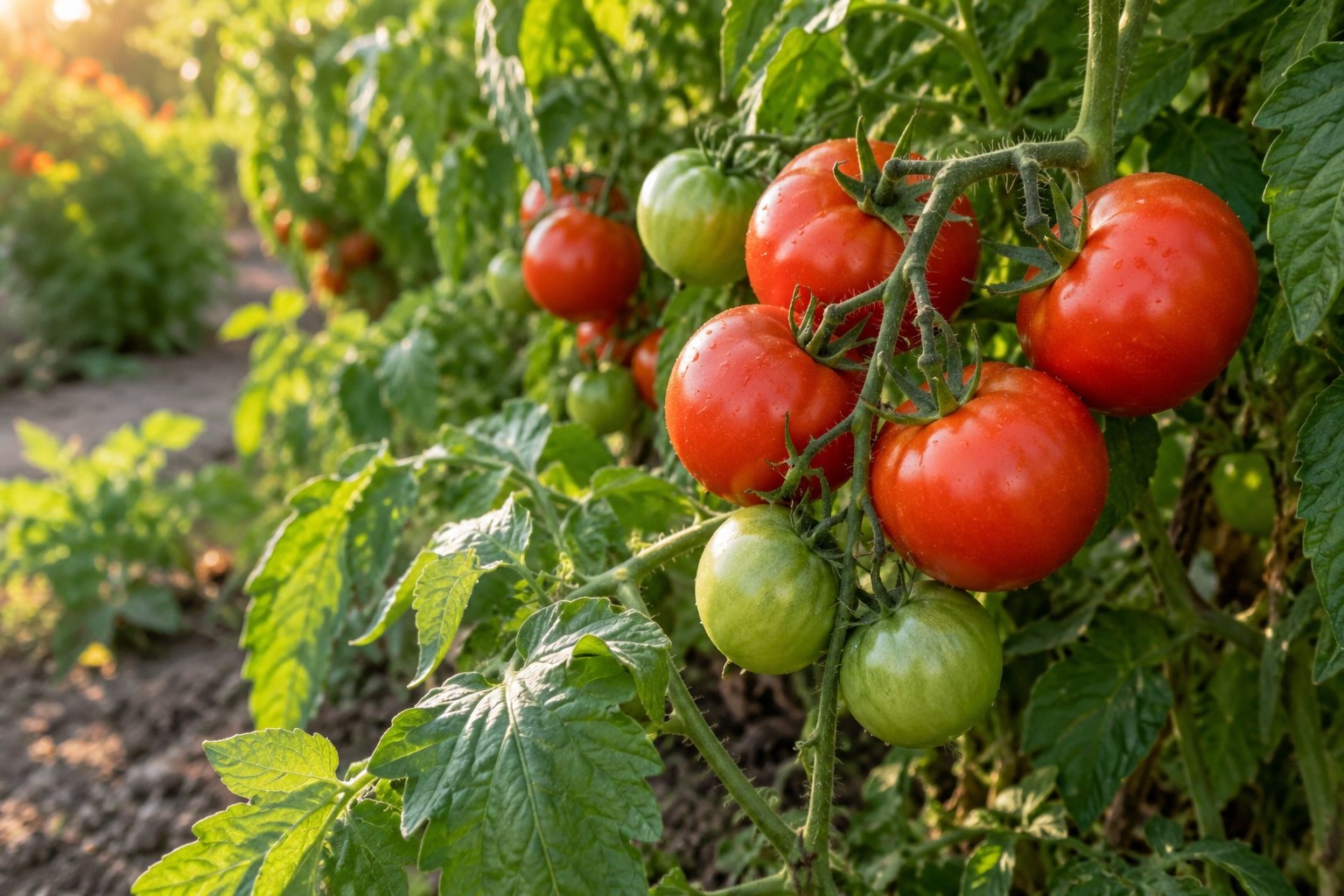 Ripe and green tomatoes on vines in a kitchen garden