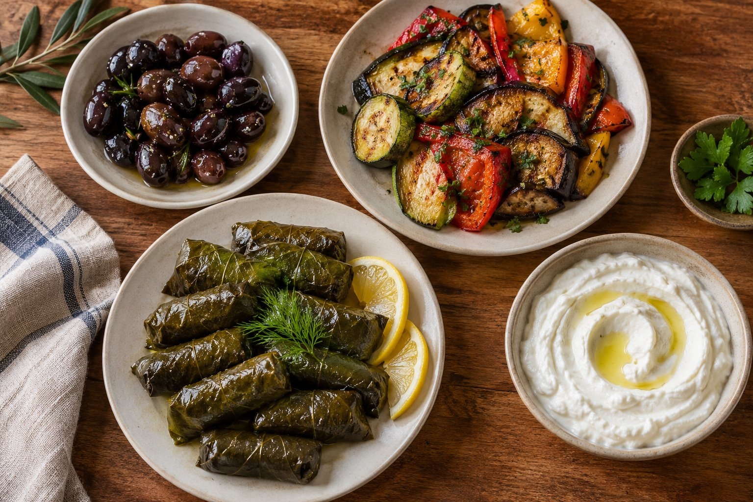 Small plates of olives, stuffed leaves, vegetables and yogurt on a wooden table